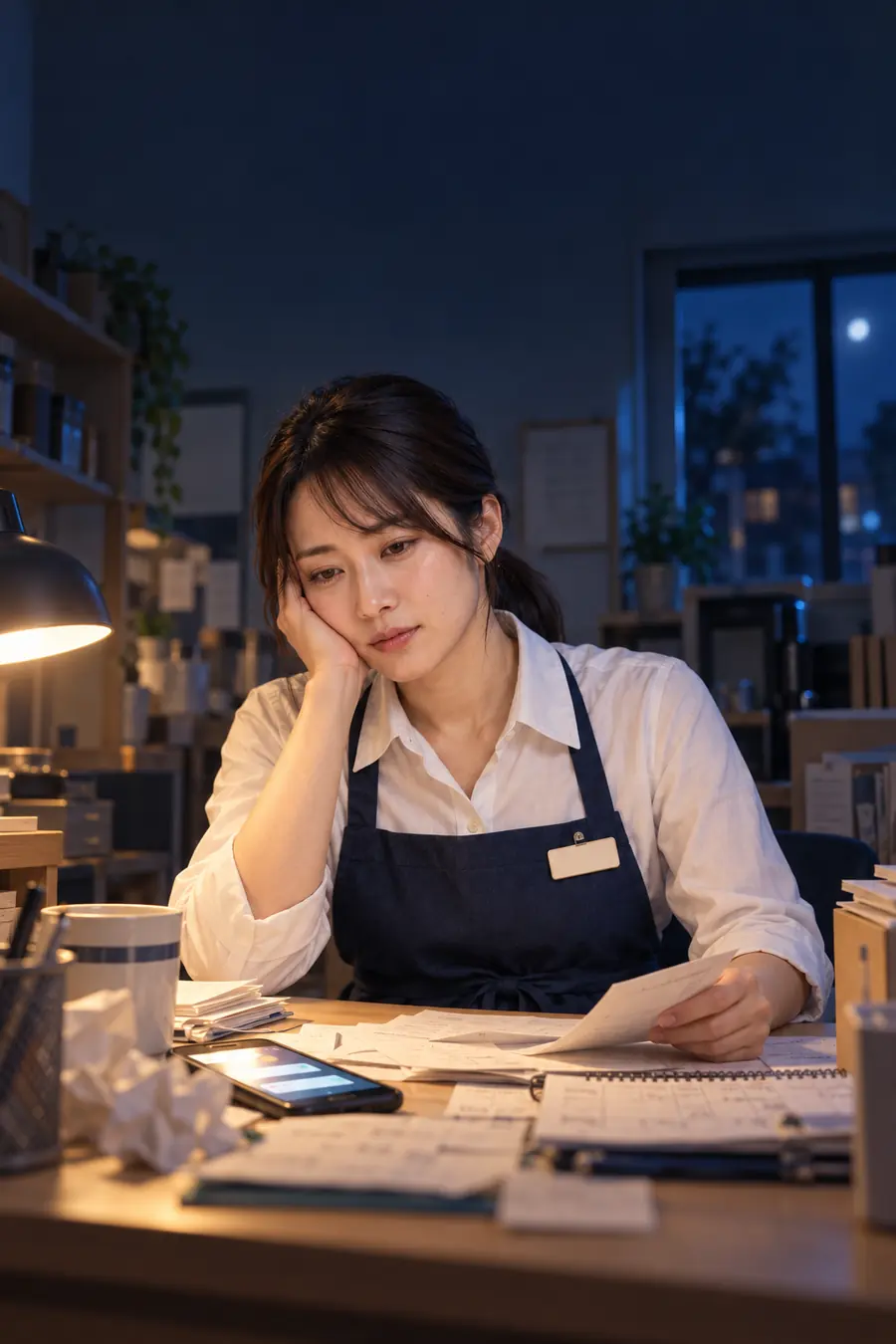 深夜、書類に囲まれて考え込む店長（イメージ）