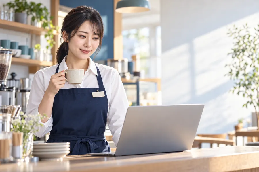開店前、落ち着いてノートPCを見る店長（イメージ）